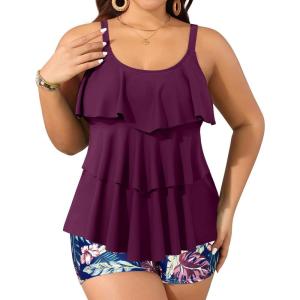 imageYonique Womens Plus Size Tankini Swimsuits with Shorts Two Piece Bathing Suits Ruffle Swimsuits Tummy Control SwimwearPurple Leaves