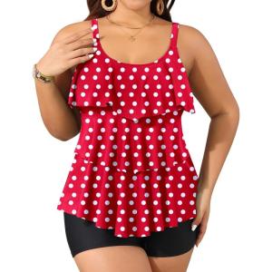 imageYonique Womens Plus Size Tankini Swimsuits with Shorts Two Piece Bathing Suits Ruffle Swimsuits Tummy Control SwimwearRed Polka Dots