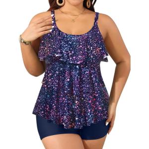 imageYonique Womens Plus Size Tankini Swimsuits with Shorts Two Piece Bathing Suits Ruffle Swimsuits Tummy Control SwimwearStar Whole Sky