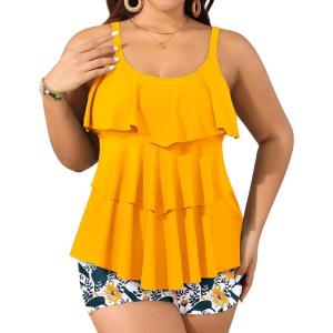 imageYonique Womens Plus Size Tankini Swimsuits with Shorts Two Piece Bathing Suits Ruffle Swimsuits Tummy Control SwimwearYellow