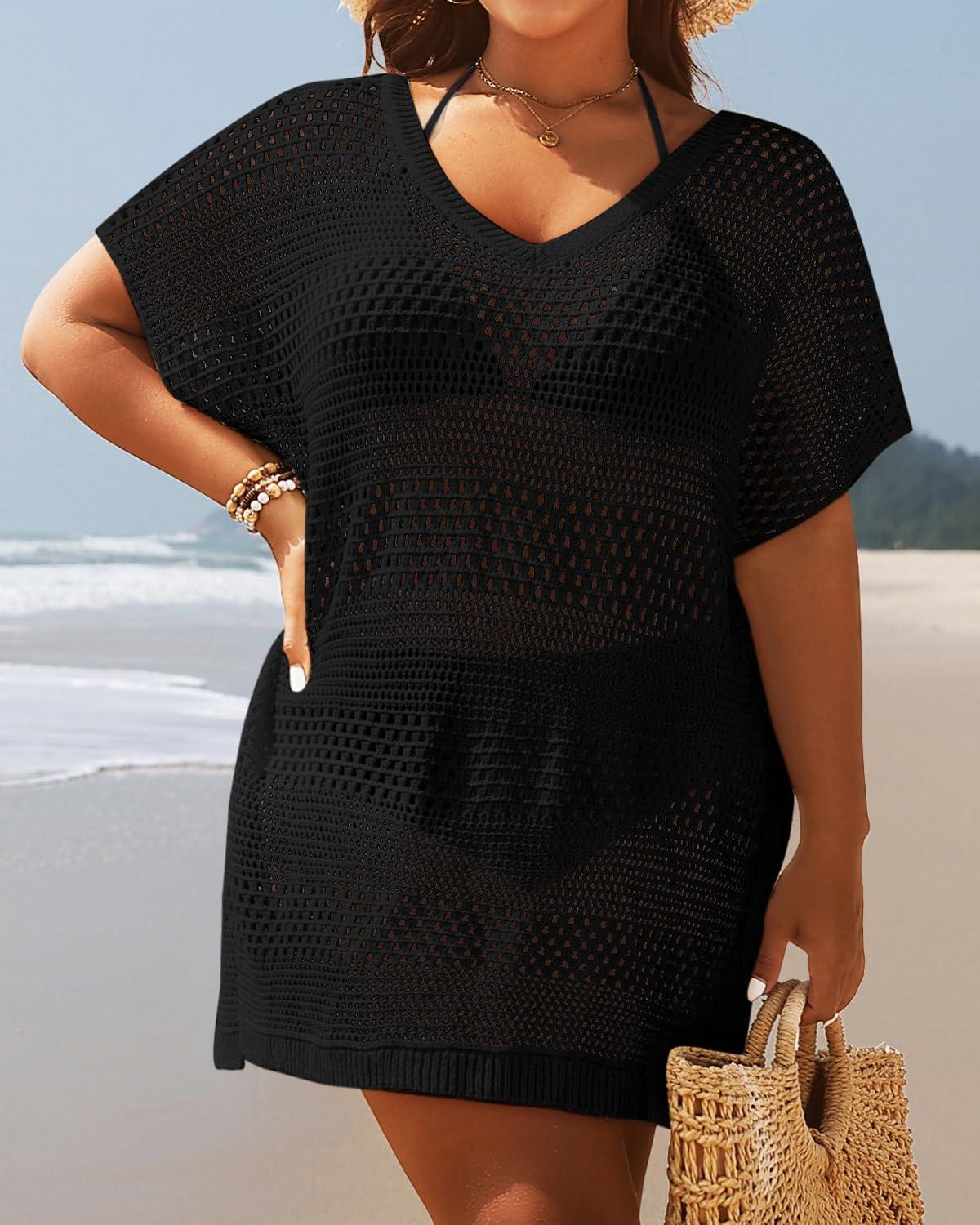imageYonique Plus Size Swimsuit Cover Up  Crochet Swim Cover Up 2025 Bathing Suit Short Sleeve Beach DressBlack