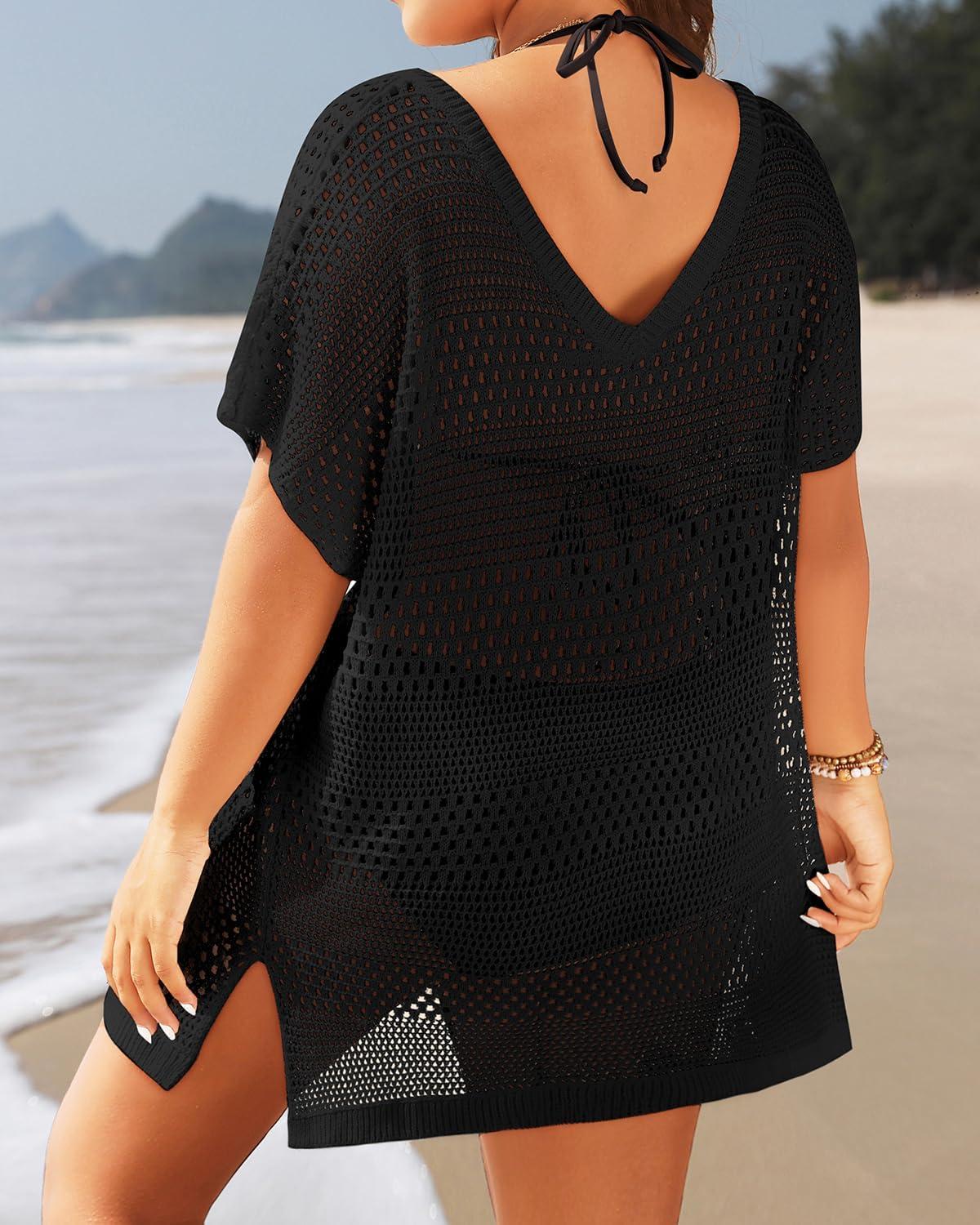 imageYonique Plus Size Swimsuit Cover Up  Crochet Swim Cover Up 2025 Bathing Suit Short Sleeve Beach DressBlack
