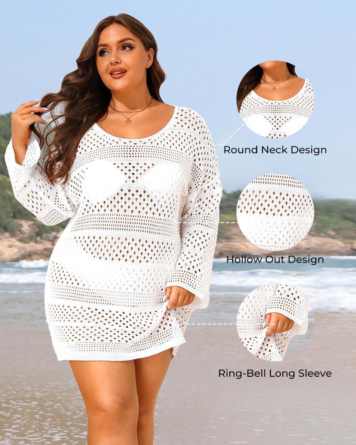 imageYonique Plus Size Swimsuit Cover Up  Crochet Swim Cover Up 2025 Bathing Suit Short Sleeve Beach DressLong Sleeves White