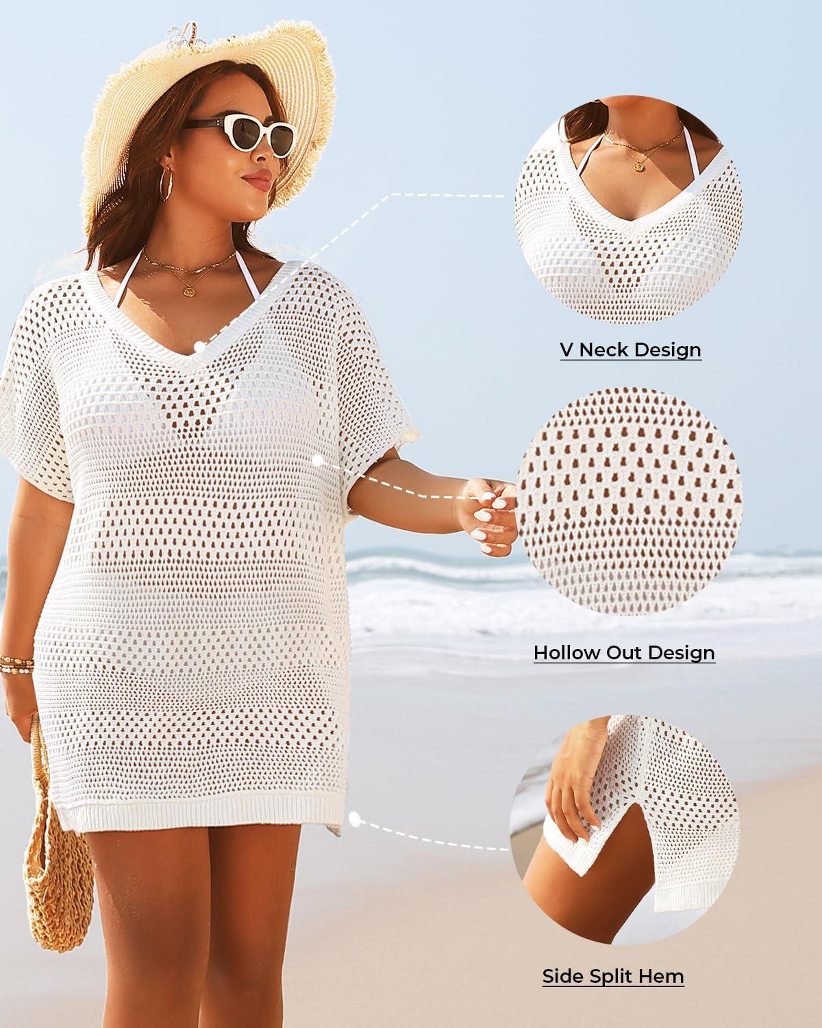 imageYonique Plus Size Swimsuit Cover Up  Crochet Swim Cover Up 2025 Bathing Suit Short Sleeve Beach DressWhite