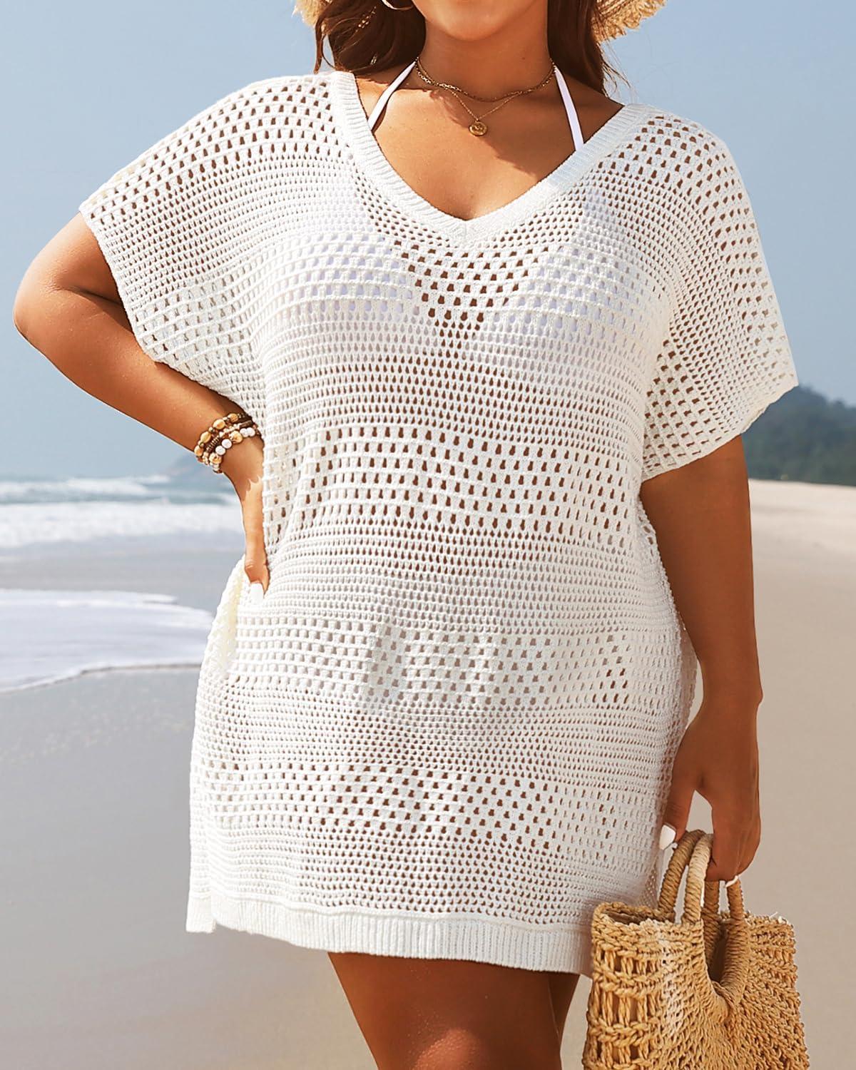 imageYonique Plus Size Swimsuit Cover Up  Crochet Swim Cover Up 2025 Bathing Suit Short Sleeve Beach DressWhite