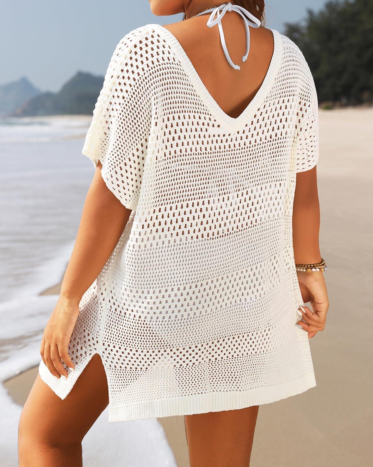 imageYonique Plus Size Swimsuit Cover Up  Crochet Swim Cover Up 2025 Bathing Suit Short Sleeve Beach DressWhite
