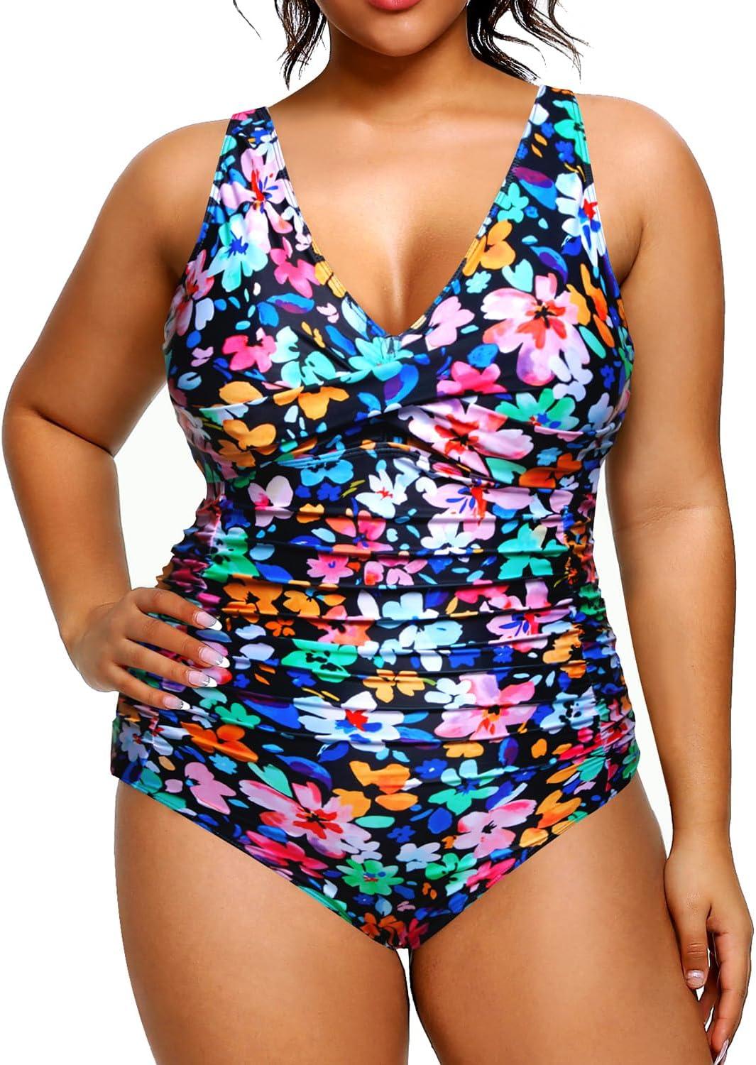 imageYonique Plus Size Swimsuit One Piece Bathing Suits for Women Tummy Control Slimming SwimwearColorful Floral02