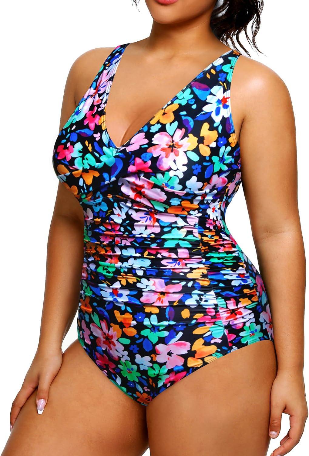 imageYonique Plus Size Swimsuit One Piece Bathing Suits for Women Tummy Control Slimming SwimwearColorful Floral02
