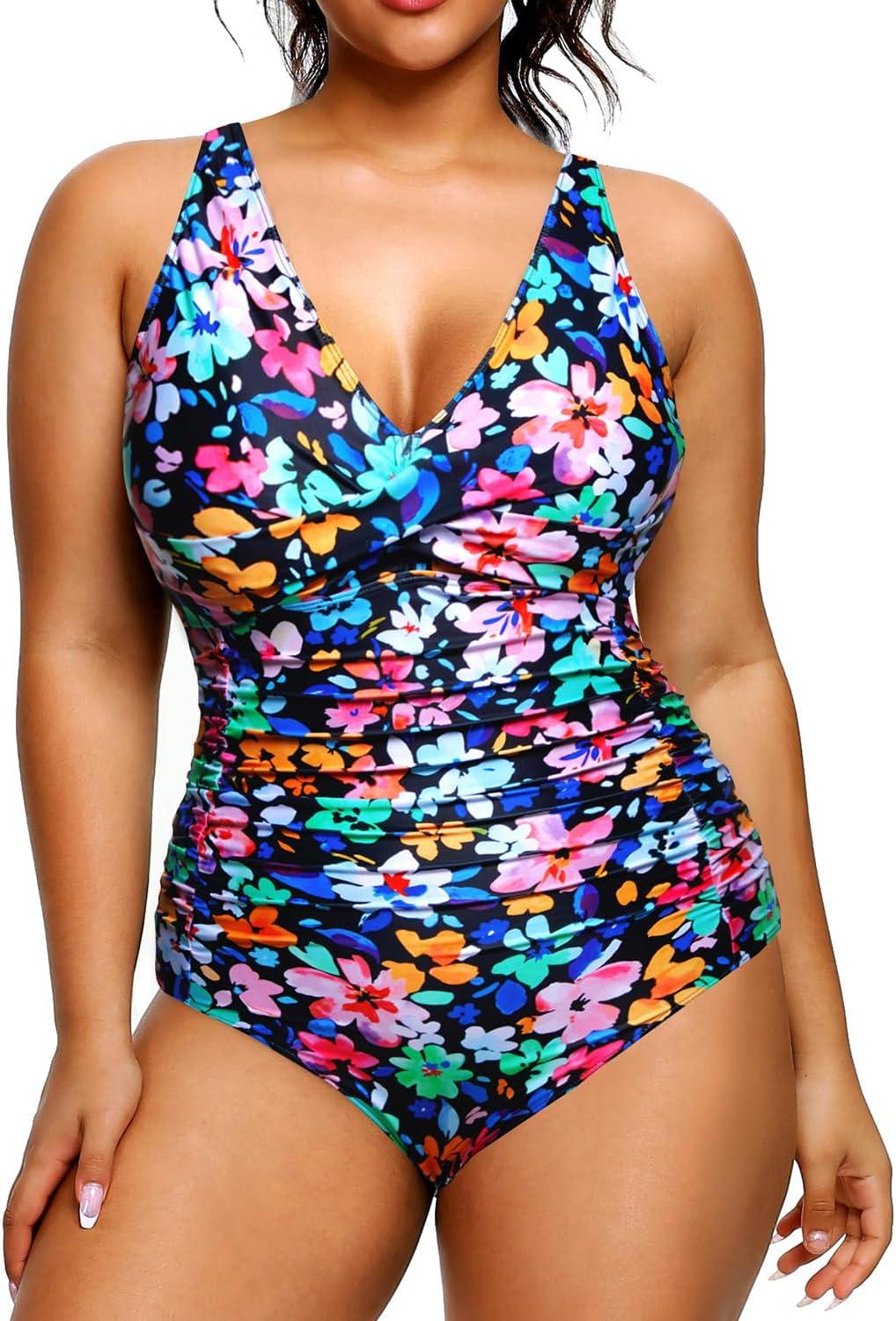 imageYonique Plus Size Swimsuit One Piece Bathing Suits for Women Tummy Control Slimming SwimwearColorful Floral02