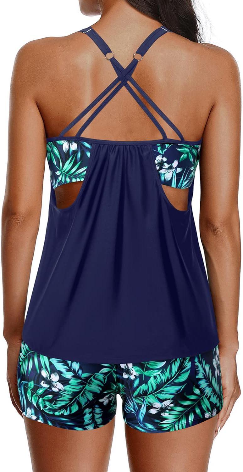 imageYonique Tankini Swimsuits for Women Athletic Swim Tank Top with Boy Shorts Two Piece Tummy Control Bathing SuitsNavy Blue and Leaf