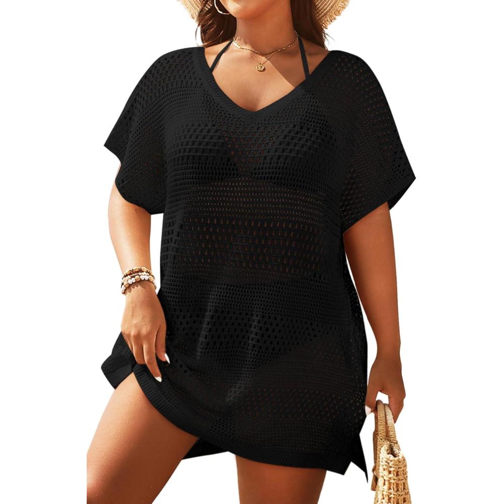 imageYonique Plus Size Swimsuit Cover Up  Crochet Swim Cover Up 2025 Bathing Suit Short Sleeve Beach DressBlack