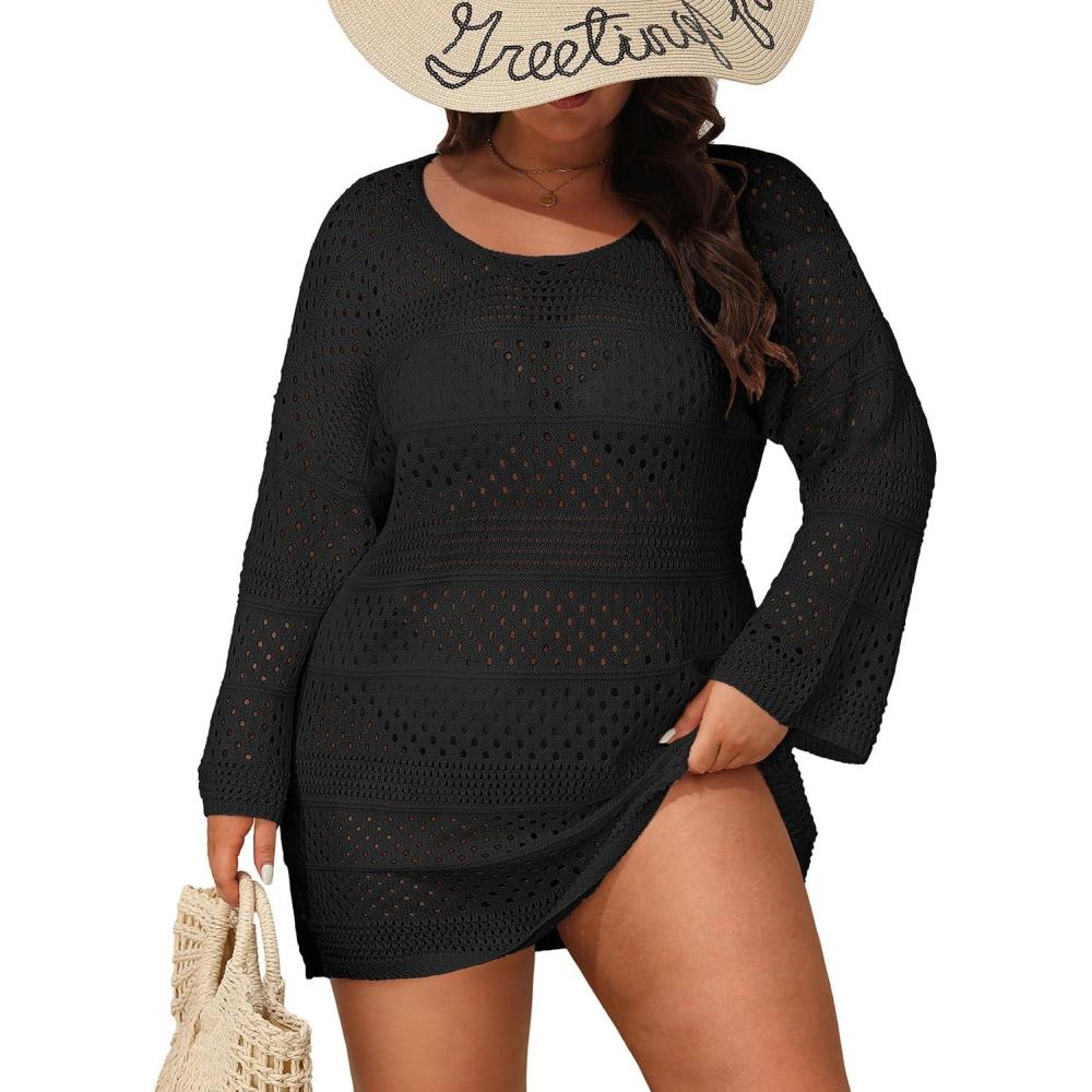 imageYonique Plus Size Swimsuit Cover Up  Crochet Swim Cover Up 2025 Bathing Suit Short Sleeve Beach DressLong Sleeves Black