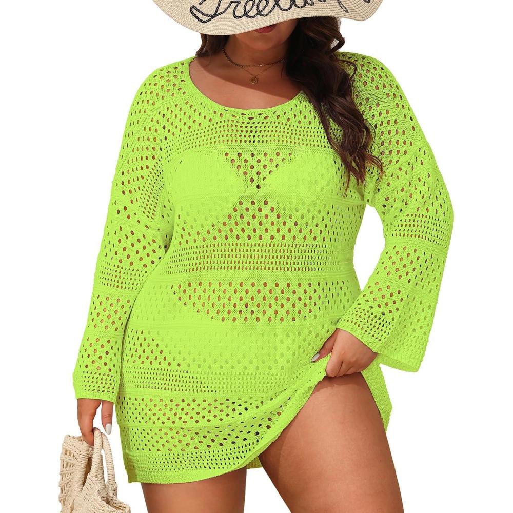 imageYonique Plus Size Swimsuit Cover Up  Crochet Swim Cover Up 2025 Bathing Suit Short Sleeve Beach DressLong Sleeves Neon Green