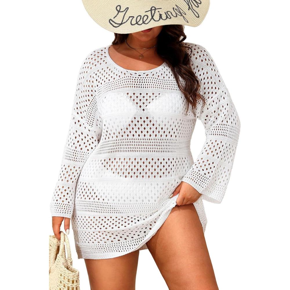 imageYonique Plus Size Swimsuit Cover Up  Crochet Swim Cover Up 2025 Bathing Suit Short Sleeve Beach DressLong Sleeves White