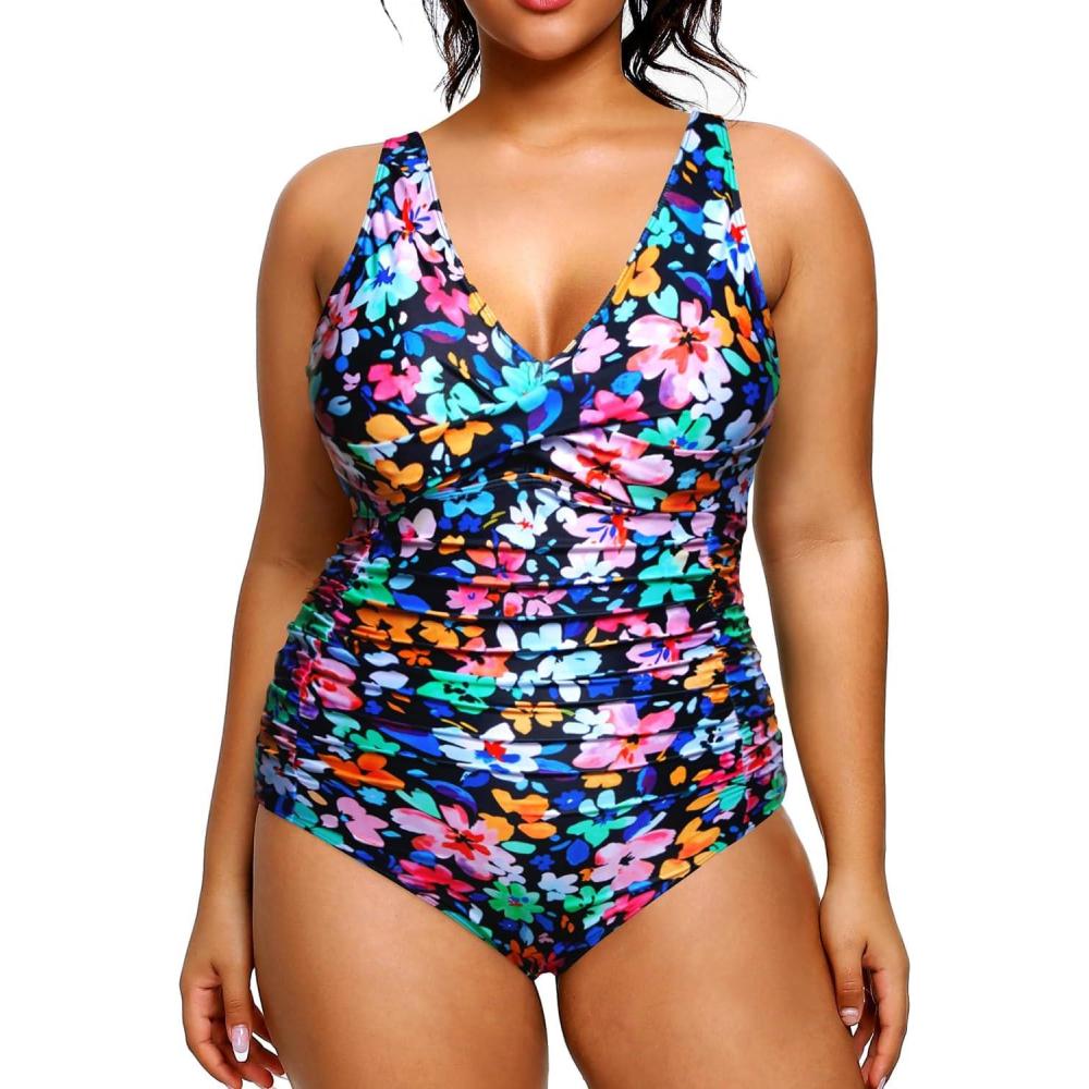 imageYonique Plus Size Swimsuit One Piece Bathing Suits for Women Tummy Control Slimming SwimwearColorful Floral02