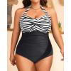 imageYonique Plus Size Bathing Suit for Women One Piece Swimsuit Tummy Control Halter Tops for Women SwimwearBlack  White Stripe