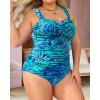 imageYonique Plus Size One Piece Swimsuit for Women Tummy Control Bathing Suit Ruched SwimwearGreen Leaves and Blue