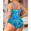 imageYonique Plus Size One Piece Swimsuit for Women Tummy Control Bathing Suit Ruched SwimwearGreen Leaves and Blue