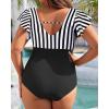 imageYonique Plus Size One Piece Swimsuit for Women Tummy Control Bathing Suit Ruffle Retro SwimwearBlack Stripe