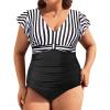 imageYonique Plus Size One Piece Swimsuit for Women Tummy Control Bathing Suit Ruffle Retro SwimwearBlack Stripe