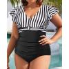 imageYonique Plus Size One Piece Swimsuit for Women Tummy Control Bathing Suit Ruffle Retro SwimwearBlack Stripe