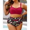 imageYonique Women Plus Size Two Piece Swimsuits High Waisted Bathing Suits Bandeau Bikini Tummy Control SwimwearRed and Floral