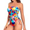 imageYonique Women Strapless One Piece Swimsuit Tummy Control Bandeau Bathing Suit Cheeky SwimwearColor Block