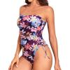 imageYonique Women Strapless One Piece Swimsuit Tummy Control Bandeau Bathing Suit Cheeky SwimwearColorful Leaves