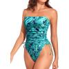 imageYonique Women Strapless One Piece Swimsuit Tummy Control Bandeau Bathing Suit Cheeky SwimwearGreen Paisley