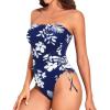 imageYonique Women Strapless One Piece Swimsuit Tummy Control Bandeau Bathing Suit Cheeky SwimwearNavy White Flower