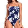 imageYonique Women Strapless One Piece Swimsuit Tummy Control Bandeau Bathing Suit Cheeky SwimwearNavy White Flower
