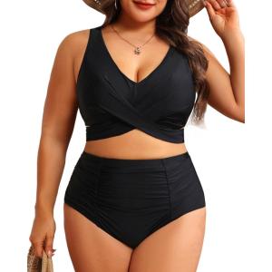 imageWomen Plus Size High Waisted Bikini  Two Piece Swimsuit Tummy Control Bathing Suit Wrap Tie Back 2025 SwimwearBlack