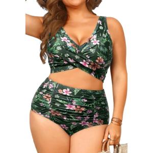 imageWomen Plus Size High Waisted Bikini  Two Piece Swimsuit Tummy Control Bathing Suit Wrap Tie Back 2025 SwimwearOlive Green Floral