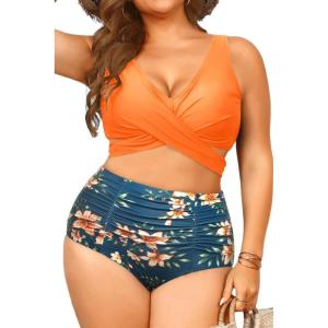 imageWomen Plus Size High Waisted Bikini  Two Piece Swimsuit Tummy Control Bathing Suit Wrap Tie Back 2025 SwimwearOrange Flowers