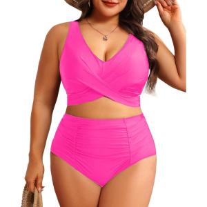 imageWomen Plus Size High Waisted Bikini  Two Piece Swimsuit Tummy Control Bathing Suit Wrap Tie Back 2025 SwimwearPink