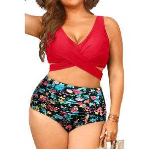 imageWomen Plus Size High Waisted Bikini  Two Piece Swimsuit Tummy Control Bathing Suit Wrap Tie Back 2025 SwimwearRed Floral