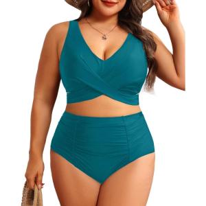 imageWomen Plus Size High Waisted Bikini  Two Piece Swimsuit Tummy Control Bathing Suit Wrap Tie Back 2025 SwimwearTeal