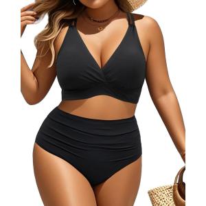 imageWomen Plus Size Two Piece Swimsuit  High Waisted Bikini with Double Straps Tummy Control Bathing Suit 2025 SwimwearBlack