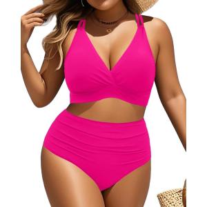 imageWomen Plus Size Two Piece Swimsuit  High Waisted Bikini with Double Straps Tummy Control Bathing Suit 2025 SwimwearHot Pink