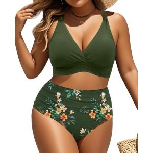 imageWomen Plus Size Two Piece Swimsuit  High Waisted Bikini with Double Straps Tummy Control Bathing Suit 2025 SwimwearOlive Green Floral