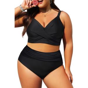 imageWomens Plus Size High Waisted Bikini  Two Piece Swimsuit Tummy Control Bathing Suit 2025 Twist SwimwearBlack