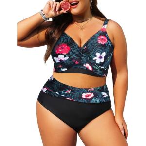 imageWomens Plus Size High Waisted Bikini  Two Piece Swimsuit Tummy Control Bathing Suit 2025 Twist SwimwearBlack Floral