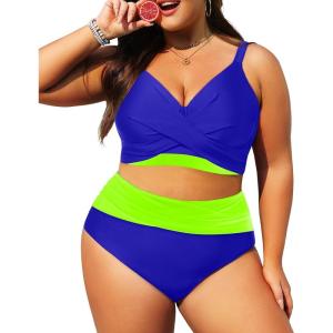 imageWomens Plus Size High Waisted Bikini  Two Piece Swimsuit Tummy Control Bathing Suit 2025 Twist SwimwearBlue and Neon Green