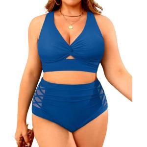 imageWomens Plus Size Two Piece Swimsuits  High Waisted Bikini Tummy Control Bathing Suits 2025 Twist Knot SwimwearBlue