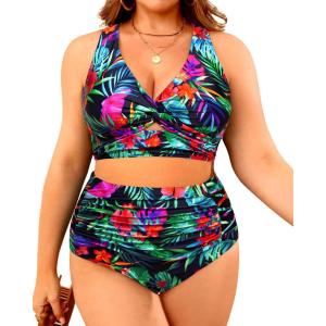 imageWomens Plus Size Two Piece Swimsuits  High Waisted Bikini Tummy Control Bathing Suits 2025 Twist Knot SwimwearFloral
