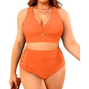 imageWomens Plus Size Two Piece Swimsuits  High Waisted Bikini Tummy Control Bathing Suits 2025 Twist Knot SwimwearOrange