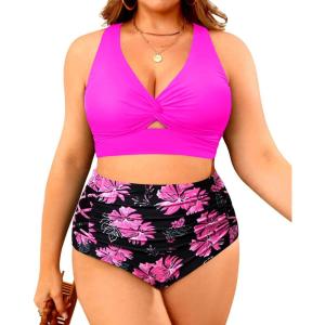 imageWomens Plus Size Two Piece Swimsuits  High Waisted Bikini Tummy Control Bathing Suits 2025 Twist Knot SwimwearPink Floral