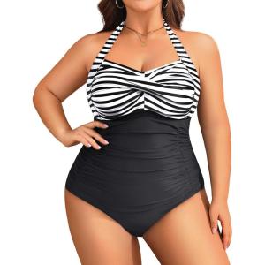 imageYonique Plus Size Bathing Suit for Women One Piece Swimsuit Tummy Control Halter Tops for Women SwimwearBlack  White Stripe