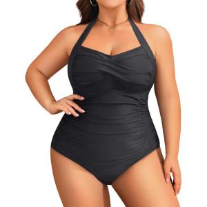 imageYonique Plus Size Bathing Suit for Women One Piece Swimsuit Tummy Control Halter Tops for Women SwimwearBlack Black