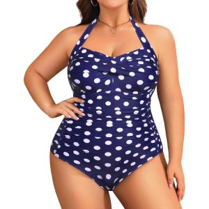 imageYonique Plus Size Bathing Suit for Women One Piece Swimsuit Tummy Control Halter Tops for Women SwimwearBlue Dots
